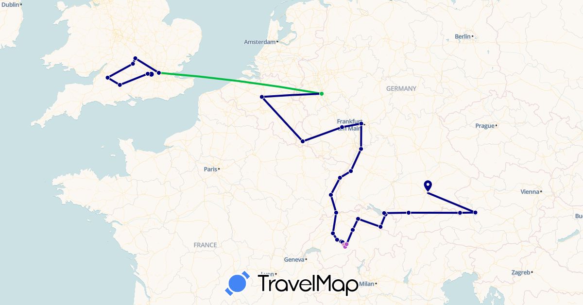 TravelMap itinerary: driving, bus, plane, train, hiking in Austria, Belgium, Switzerland, Germany, France, United Kingdom, Liechtenstein, Luxembourg (Europe)