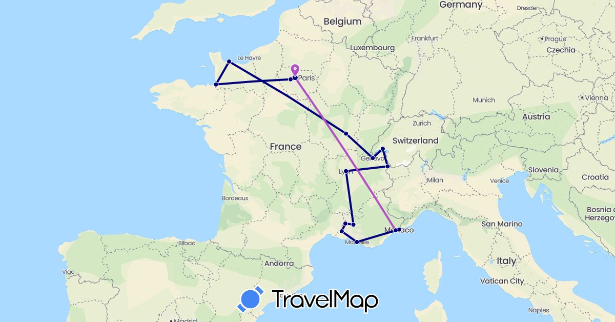 TravelMap itinerary: driving, plane, train in Switzerland, France, Monaco (Europe)