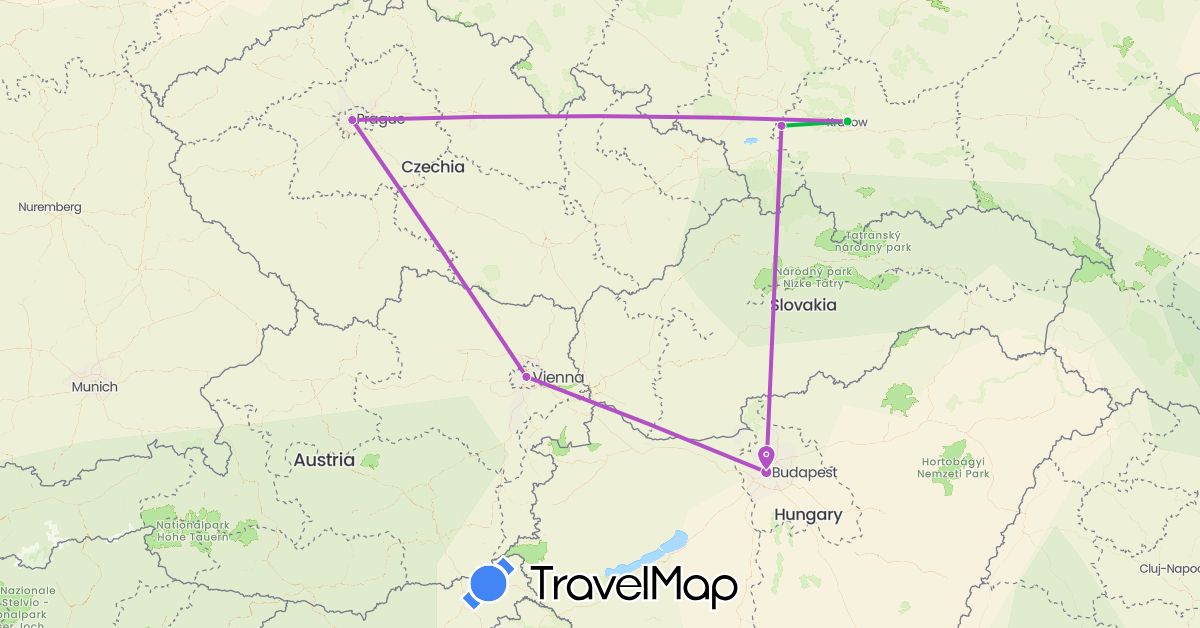TravelMap itinerary: bus, plane, train in Austria, Czech Republic, Hungary, Poland (Europe)