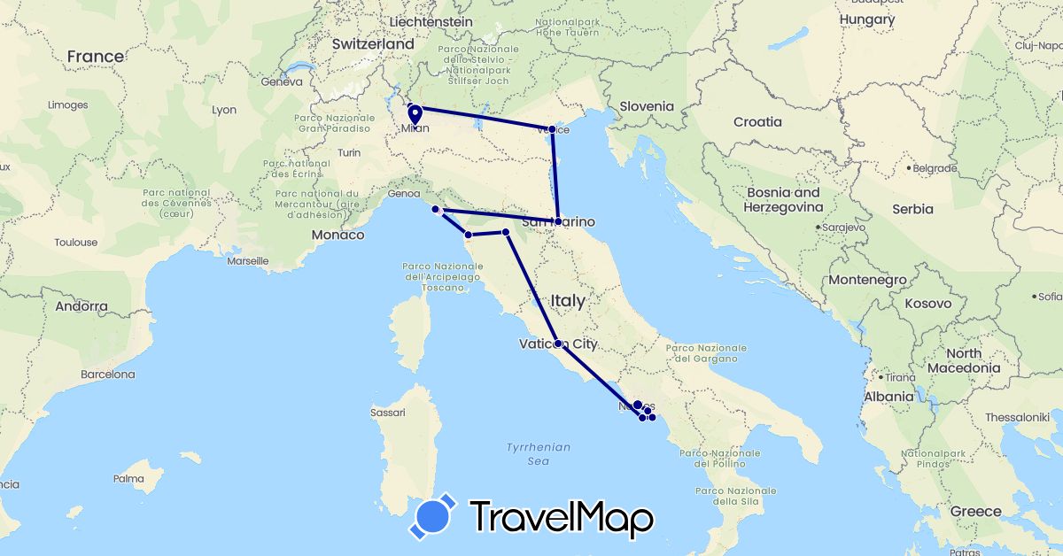 TravelMap itinerary: driving, plane, train in Italy, San Marino, Vatican City (Europe)