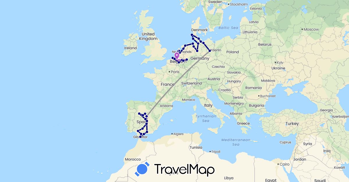 TravelMap itinerary: driving, plane, train in Belgium, Germany, Spain, Gibraltar, Netherlands (Europe)